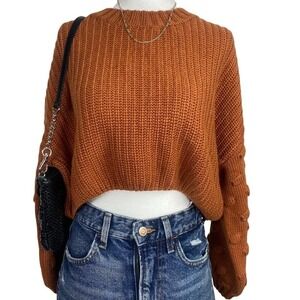 En‎ Creme Popcorn Sleeve Knit Cropped Sweater Womens Small Boho Cottagecore